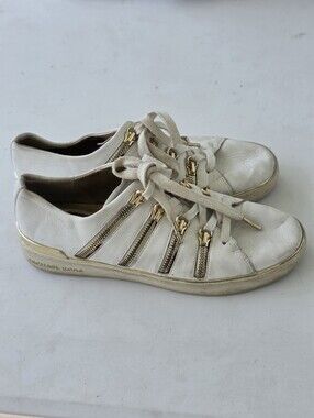 Michael Kors White Leather Zip Lace Up Sneakers Women's US 8.5M Gold Shoes